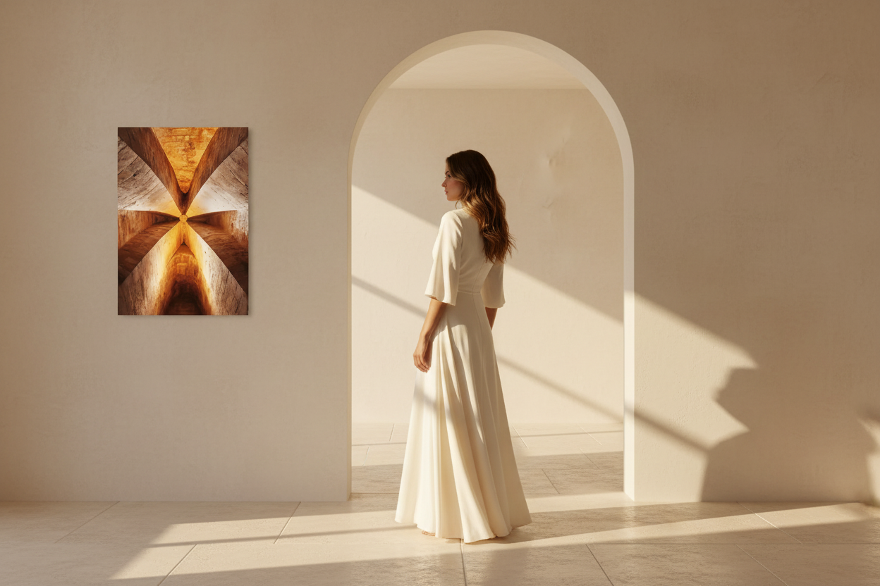 Femme en robe ivoire de dos sous une arche méditerranéenne lumineuse avec affiche La Croisée Cassili-home, lumière dorée rasante