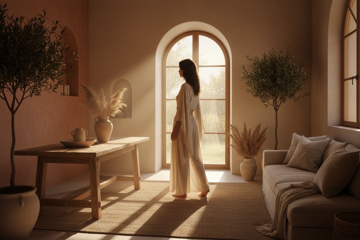 Femme en tenue ivoire dans un intérieur méditerranéen terracotta, lumière dorée naturelle