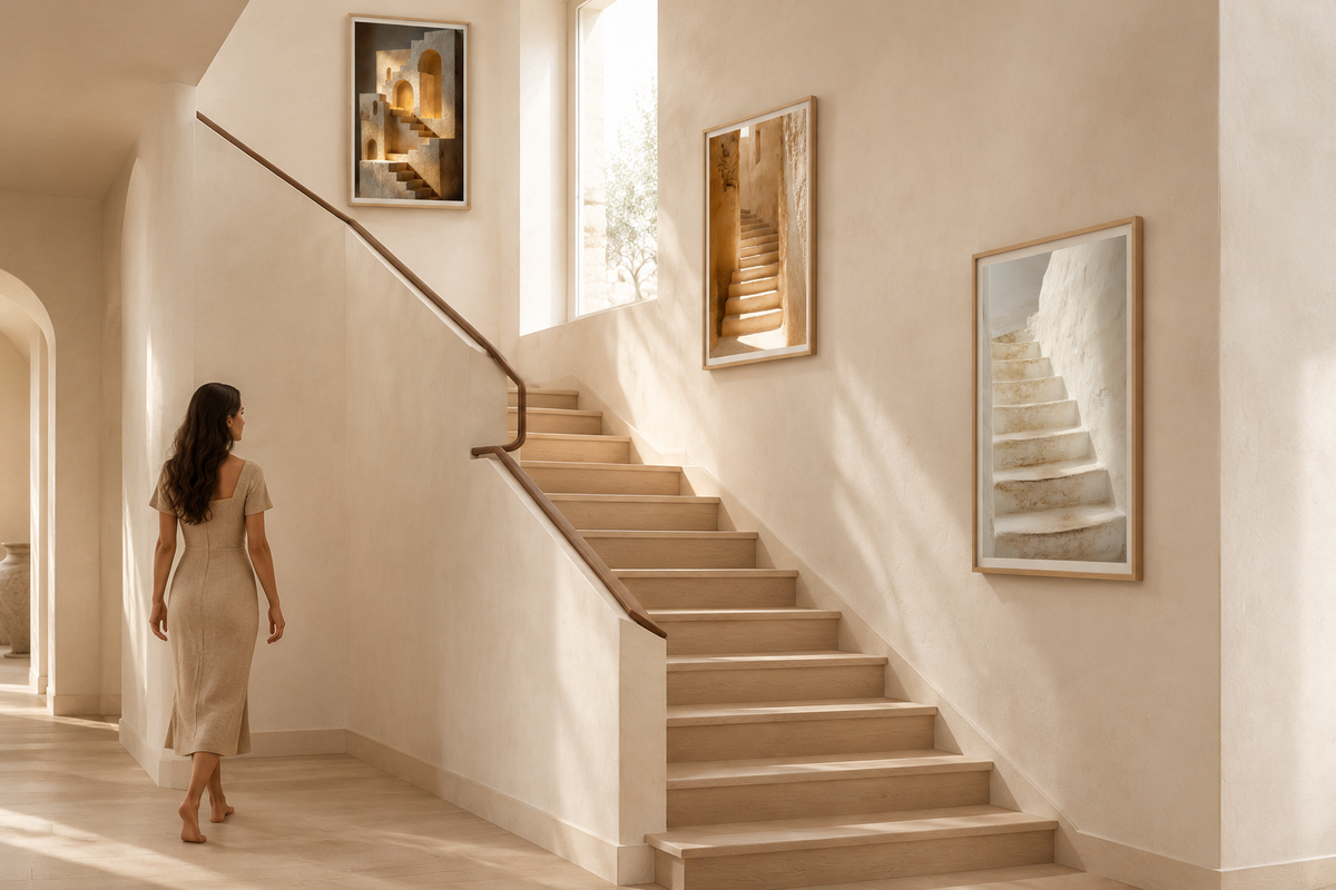 Trois affiches murales en cascade le long d'un escalier quart tournant