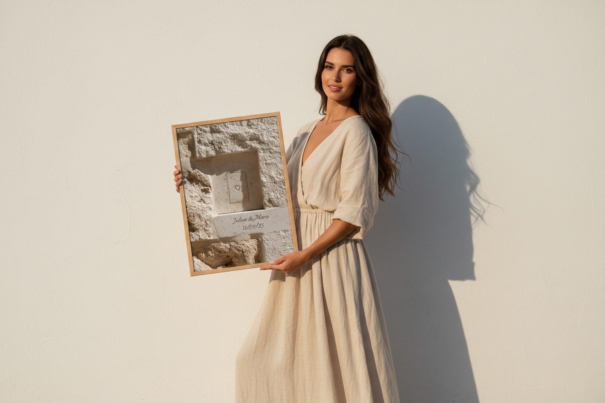Affiche murale personnalisable Cassili-home encadrée chêne tenue par une égérie méditerranéenne lumière dorée