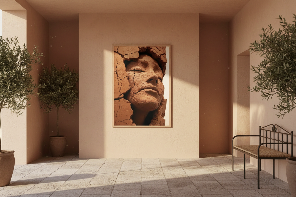 Entrée méditerranéenne aux murs terracotta avec affiche murale minimaliste