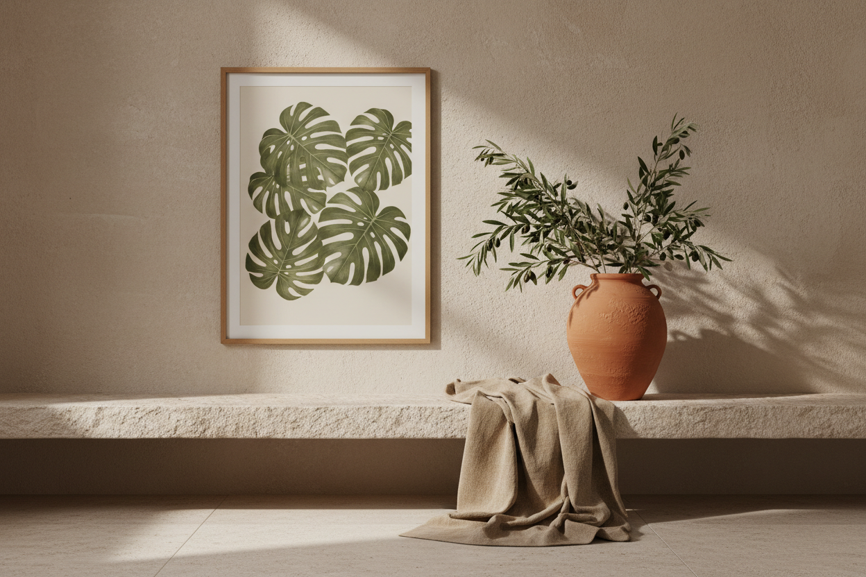 Intérieur méditerranéen avec affiche botanique encadrée chêne, tons terracotta et sable | Cassili-home