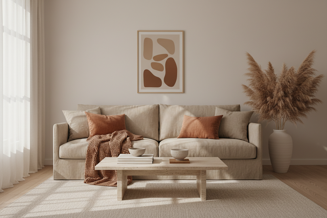 affiche murale dans un salon minimaliste beige — Cassili-home