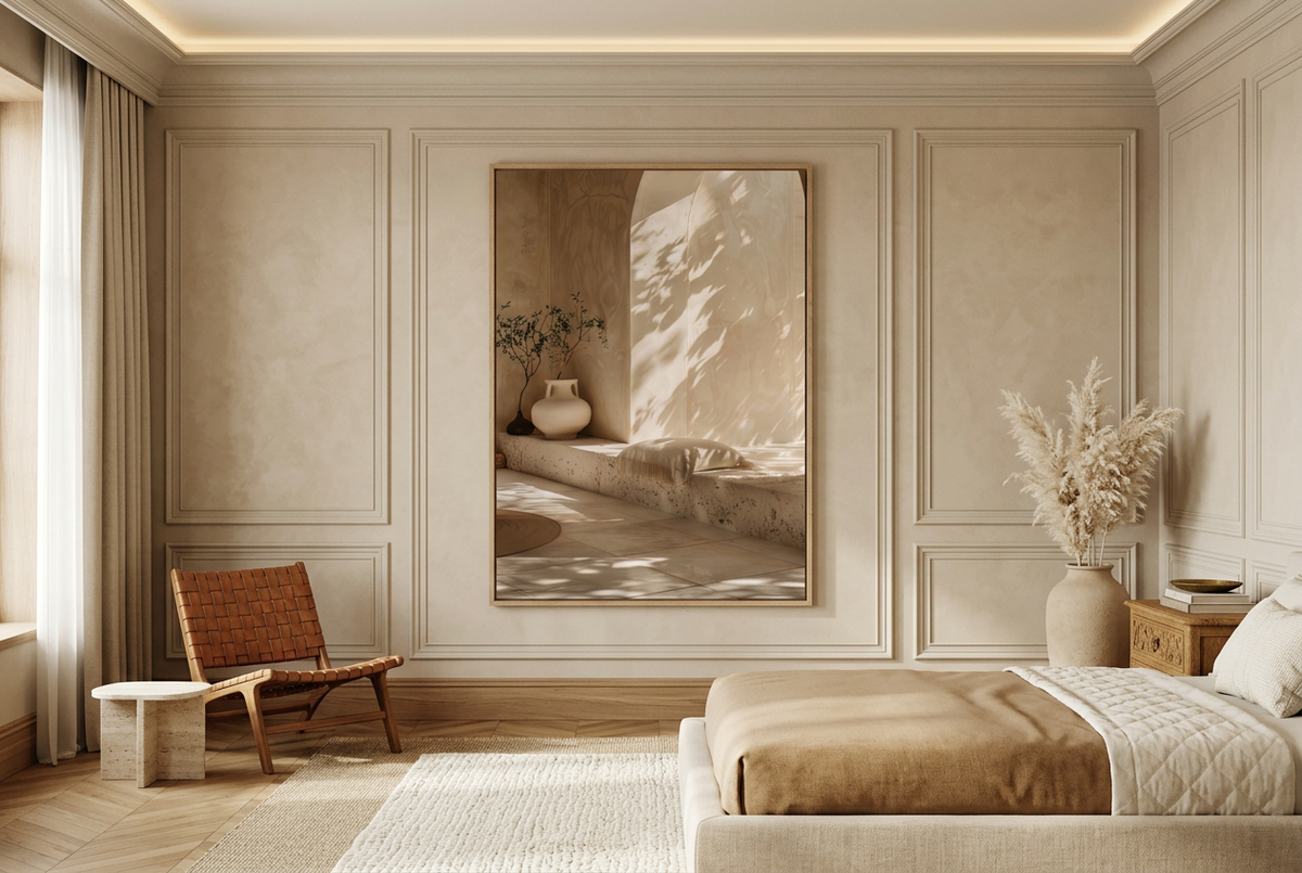 Beige & Sand Poster — The Olive Tree Corner, in a bedroom