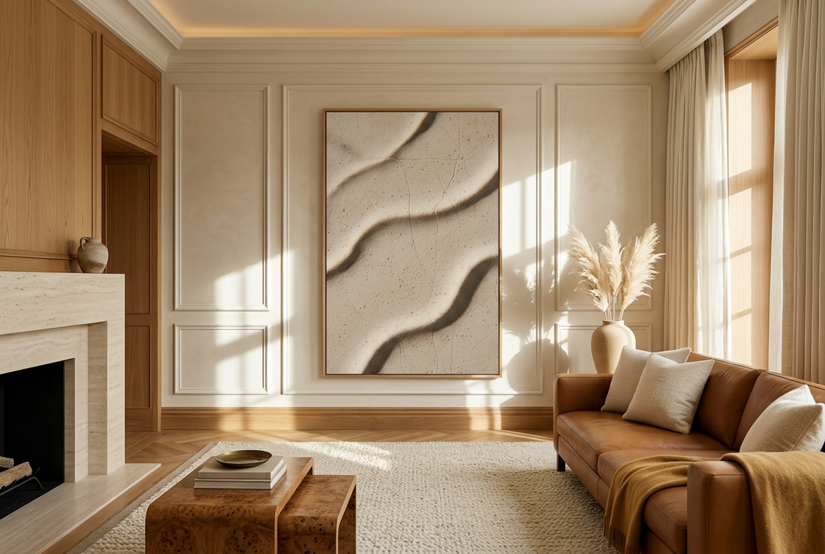 Shadow & Light Poster — Sand & Shadows, in a living room with a fireplace
