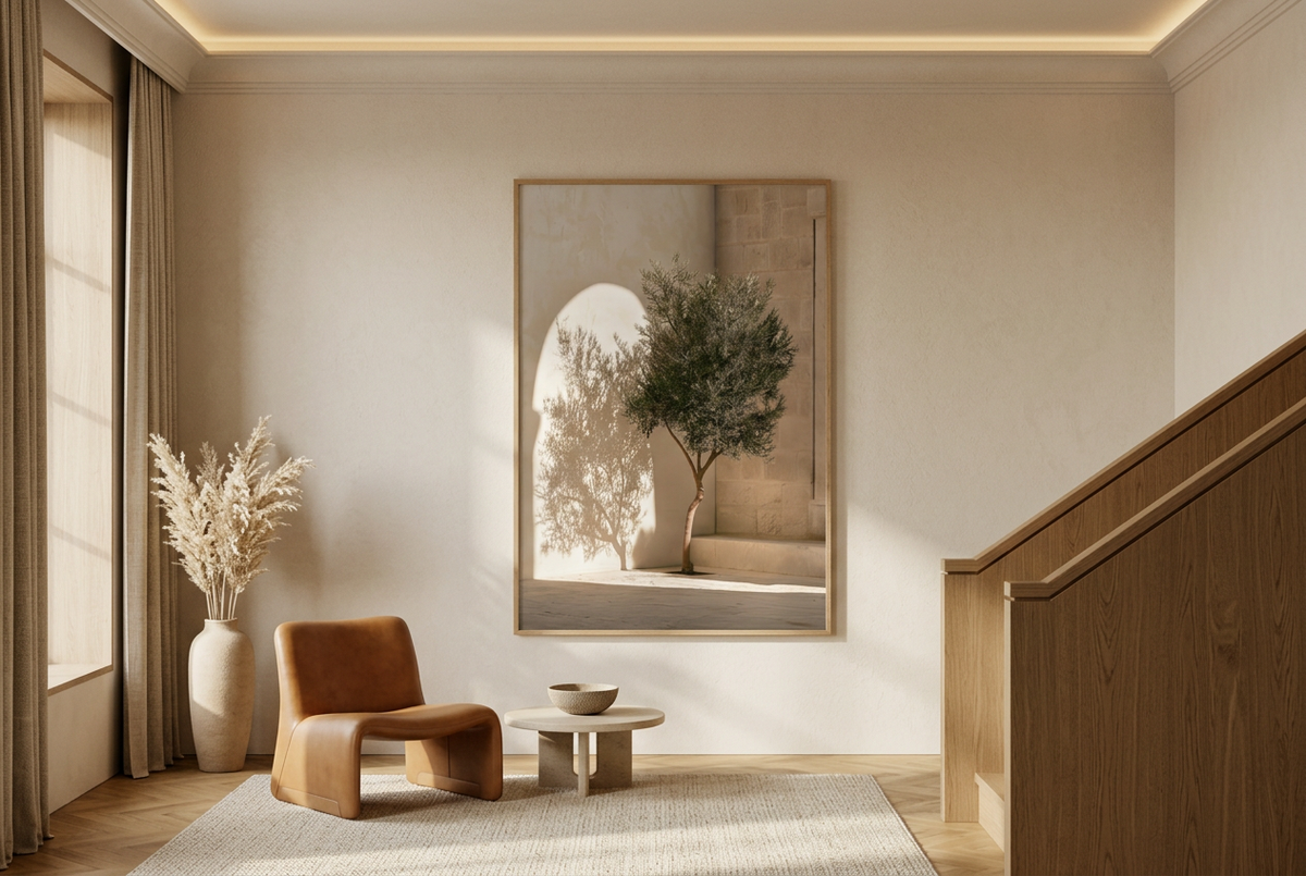 Large Format Poster — large arch and olive tree poster, in an entryway with a staircase