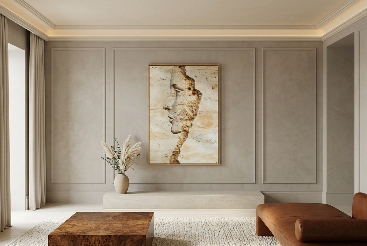 Peaux — The Stratum, in a living room with grey walls
