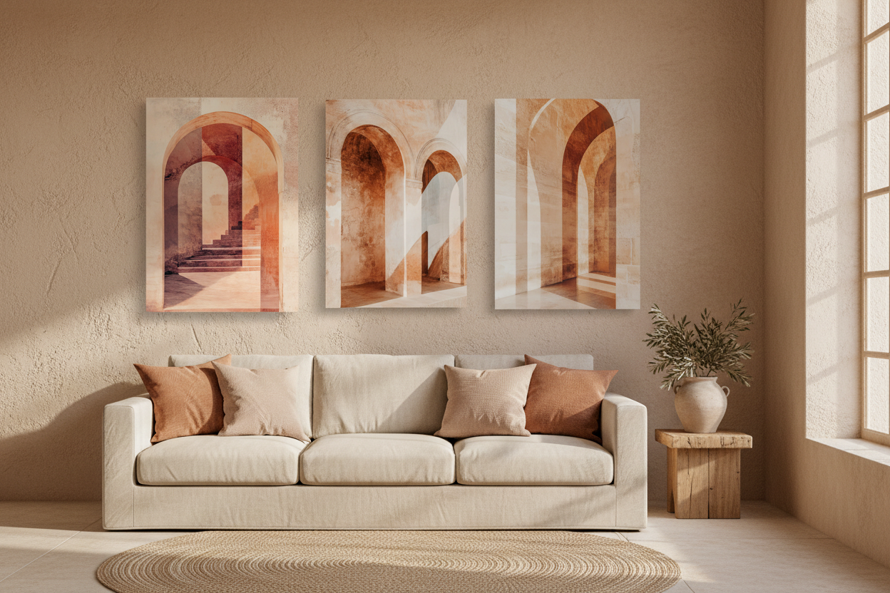 Terracotta wall triptych of three Mediterranean arches above a sofa in a sand beige living room