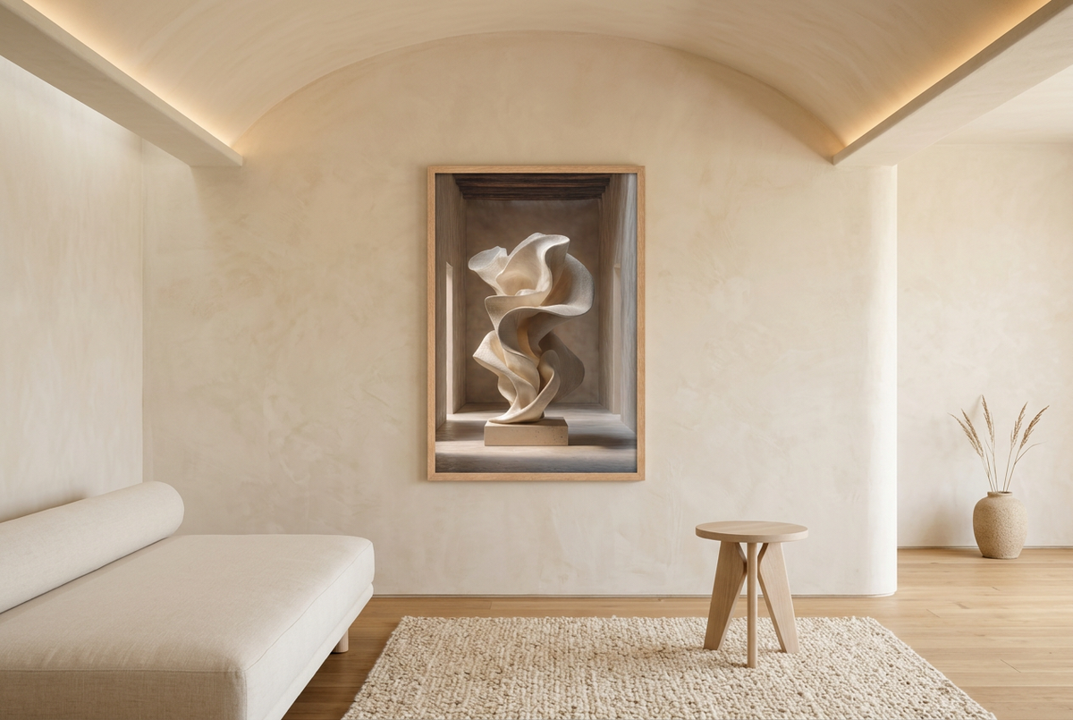 Souffle — ivory drapery poster, in a vaulted living room