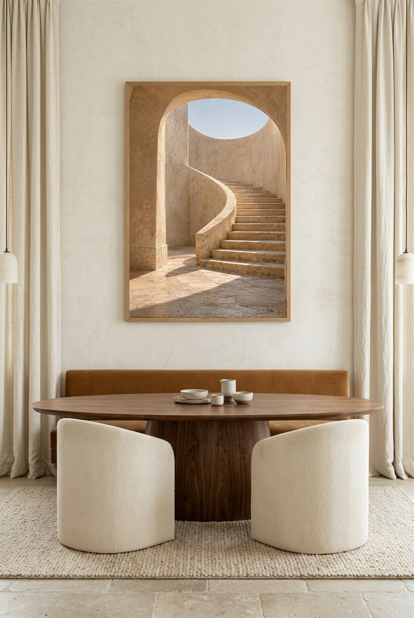 L'Escalier en Spirale — affiche en cadre chêne dans une salle à manger lumineuse