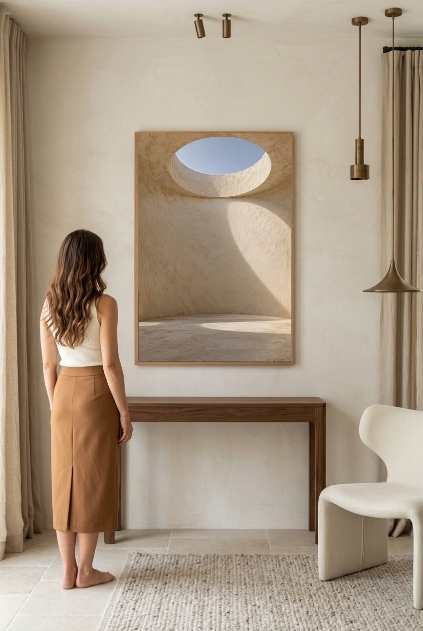 The Oculus — woman in front of the poster in an oak frame