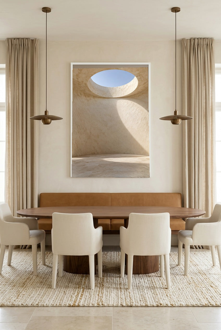 L'Oculus — affiche en cadre blanc dans une salle à manger