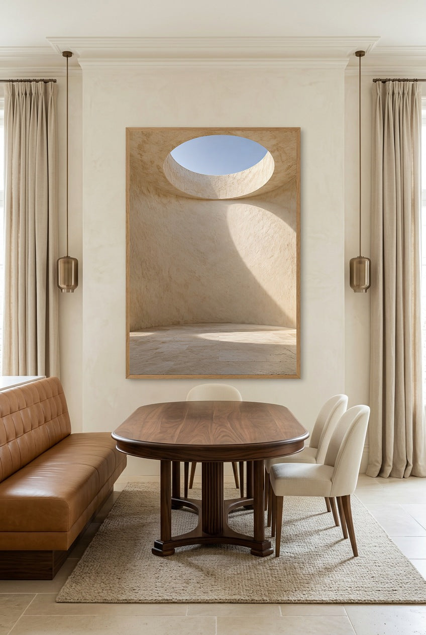 The Oculus — poster in an oak frame in a dining room