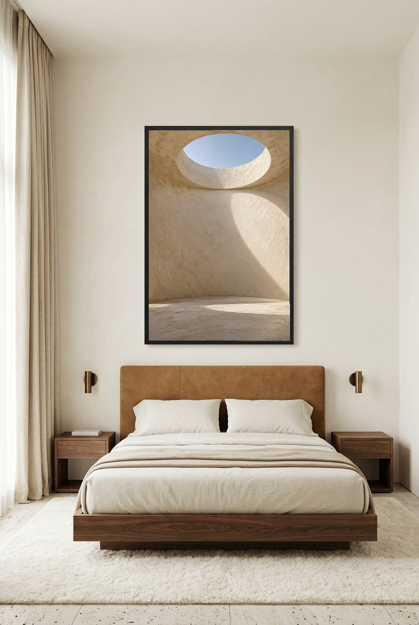 The Oculus — poster in a black frame above a bed