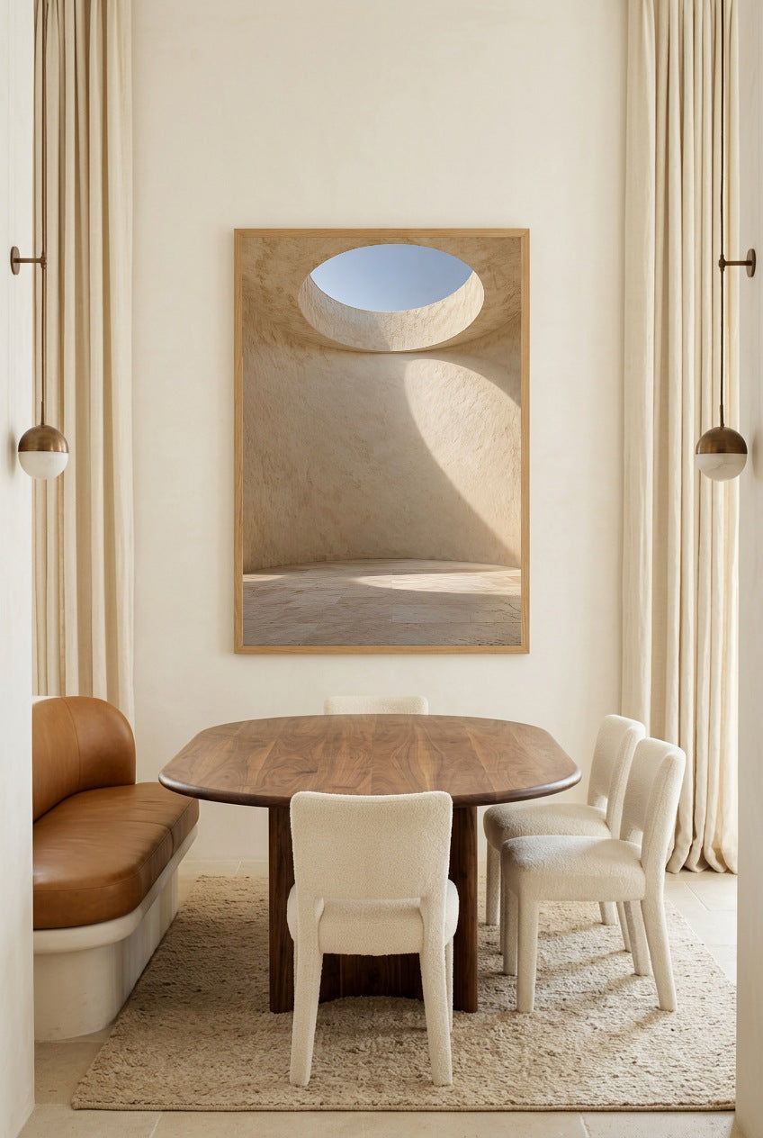 The Oculus — poster in an oak frame above a dining table