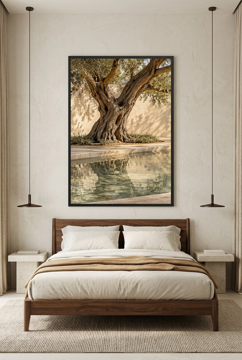 The Pool Olive Tree — poster in a black frame in a bedroom