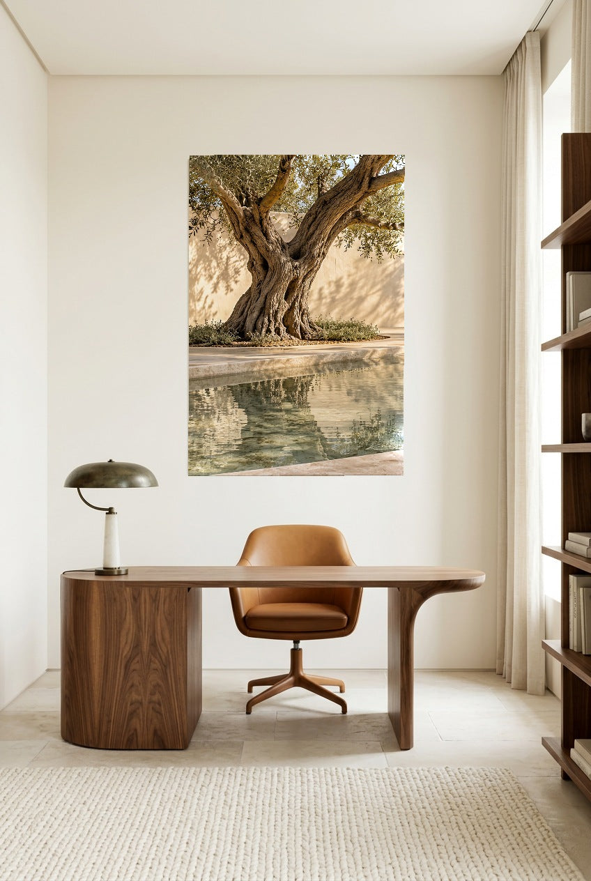 The Pool Olive Tree — unframed poster in a home office