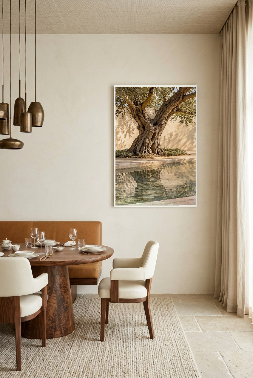 The Pool Olive Tree — poster in a white frame in a bright dining room