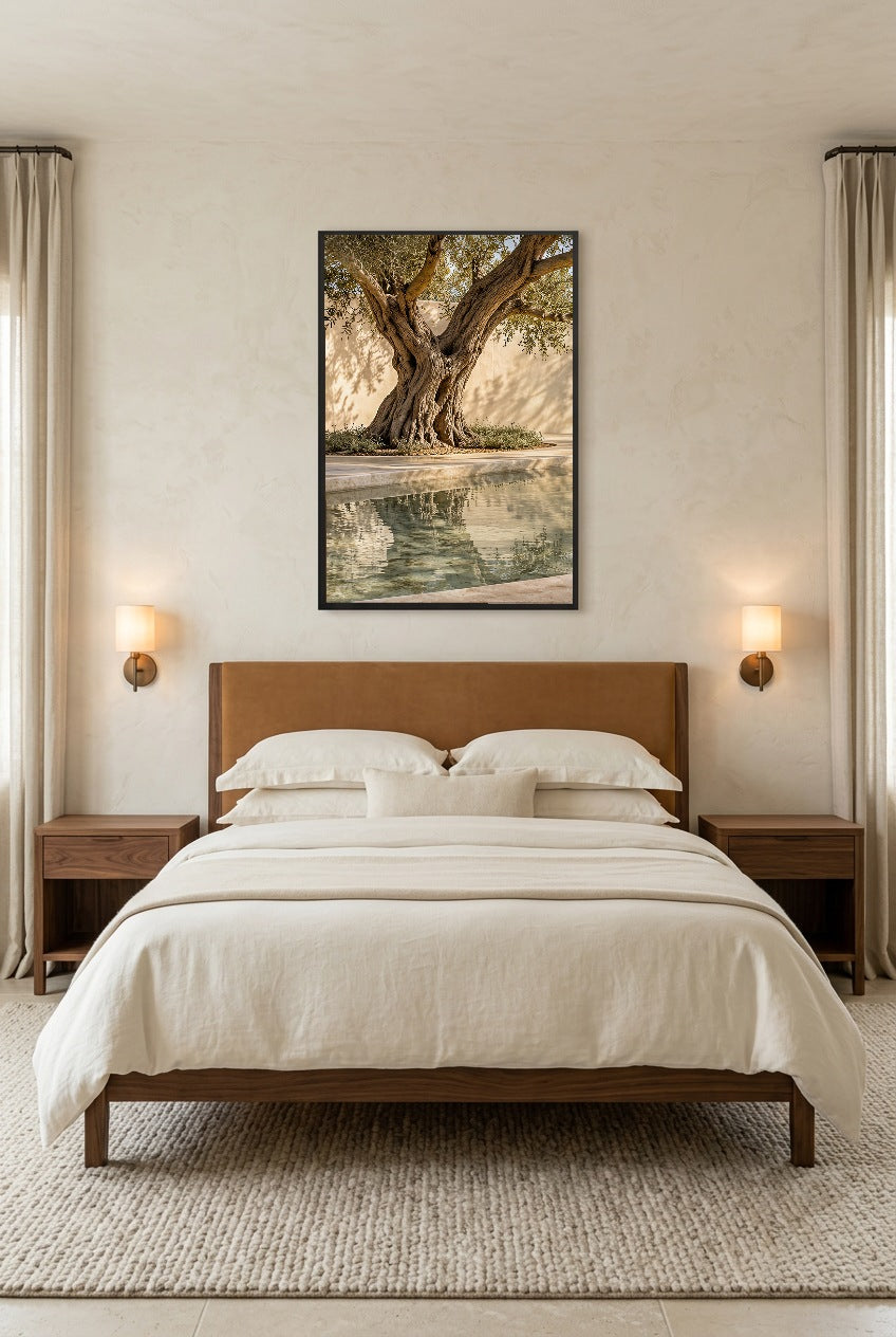 The Pool Olive Tree — poster in a black frame in a bright bedroom