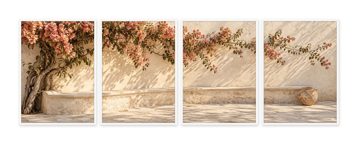 Le Mur aux Bougainvilliers — quadriptyque, cadre blanc
