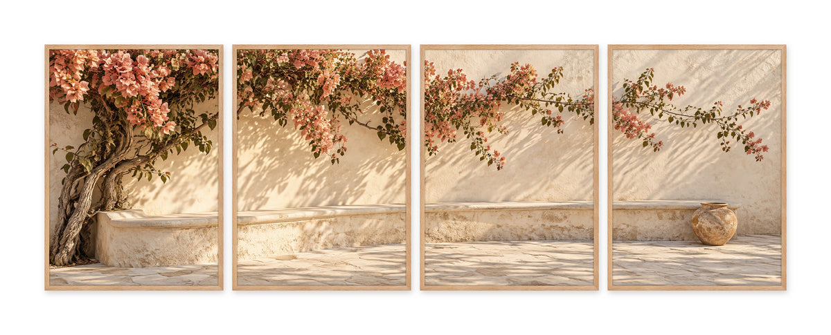Le Mur aux Bougainvilliers — quadriptyque, cadre chêne