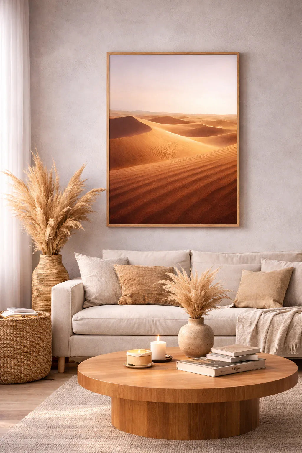 Dunes Dorées poster framed in wood above sofa, elegant minimalist décor with premium matte art paper print in living room