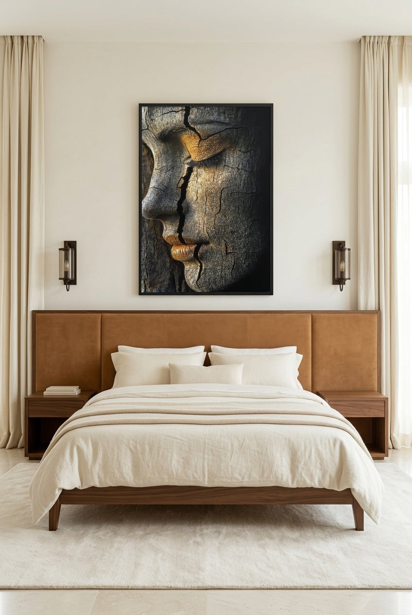 Gouden lippen — poster in zwarte lijst in een slaapkamer