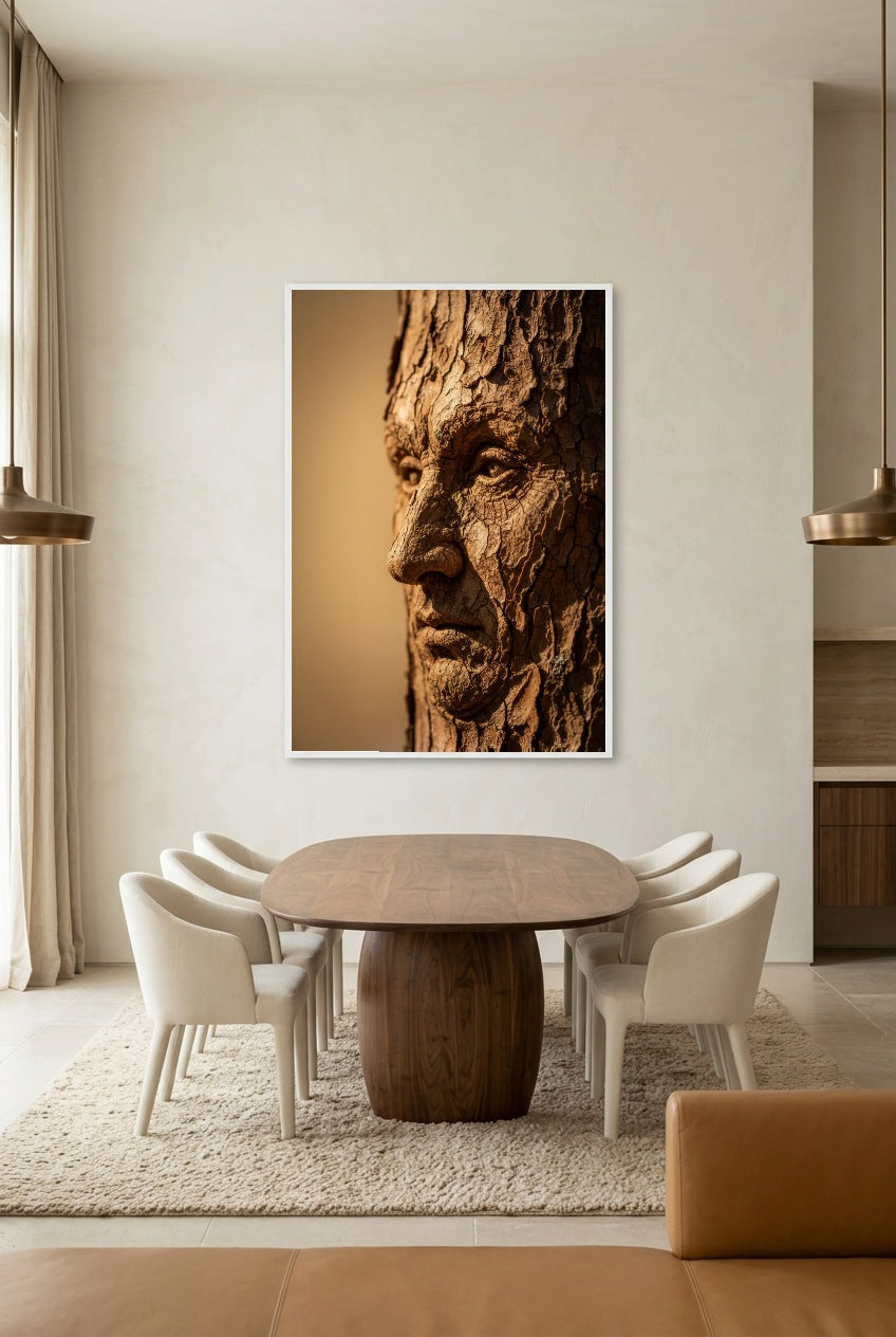 O Antigo — poster com moldura branca por cima de uma mesa de jantar