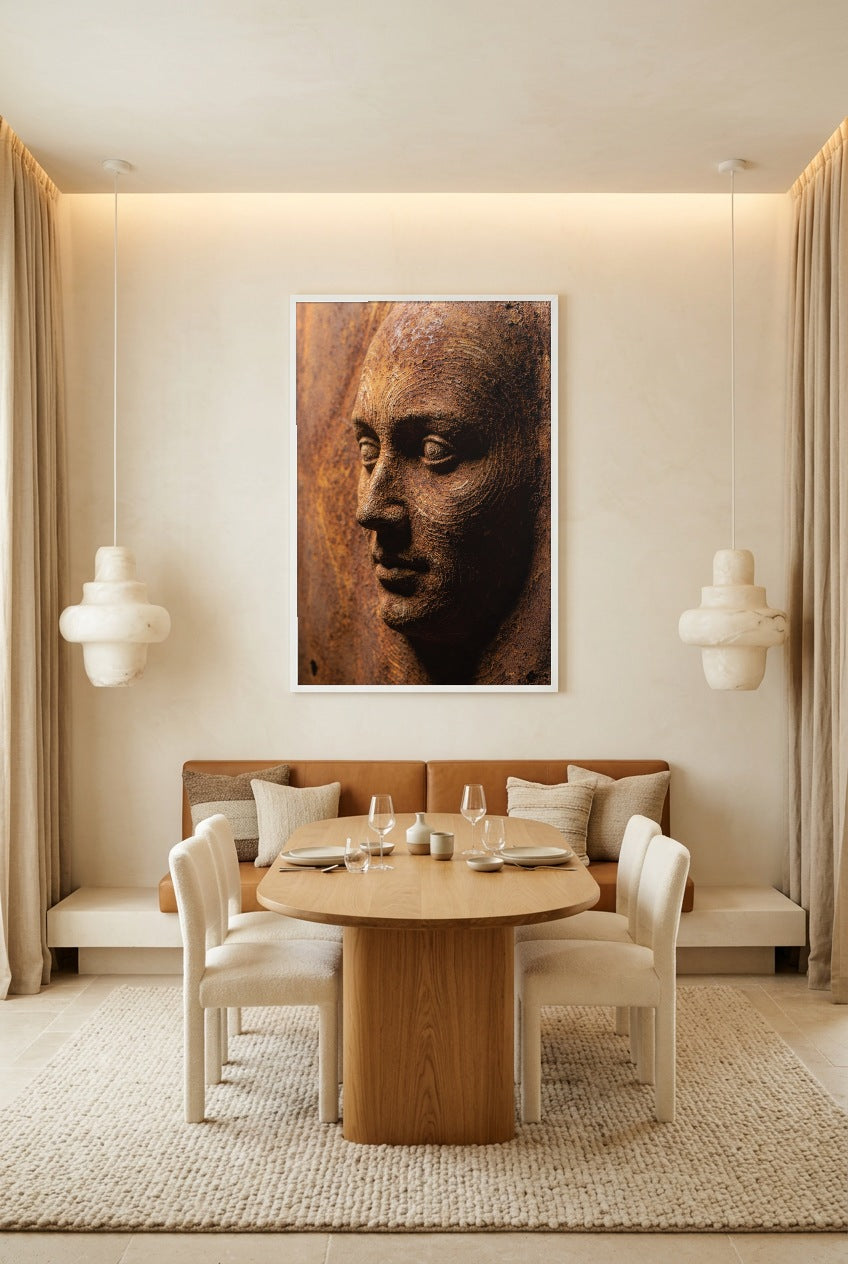 Rust Face — poster in a white frame in a bright dining room
