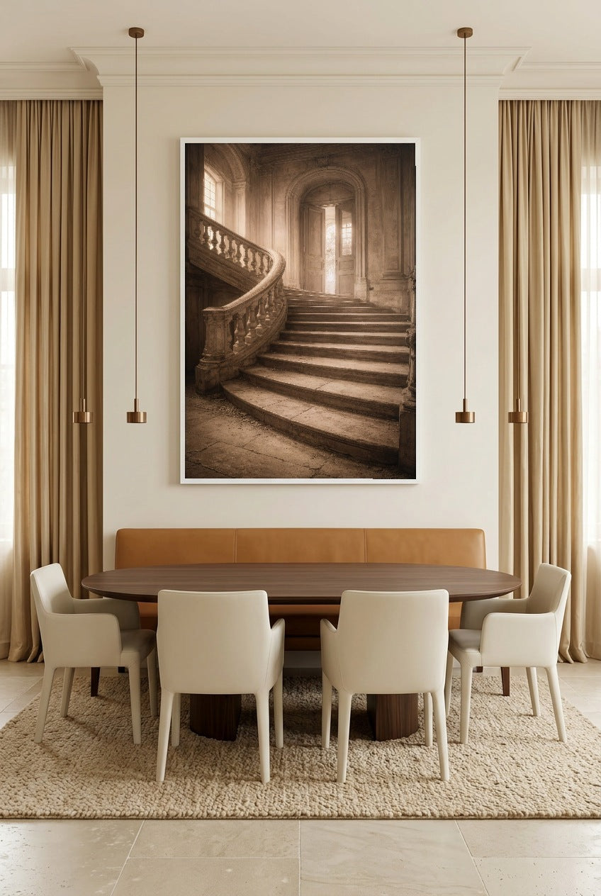 The Castle Staircase — poster in a white frame in a dining room