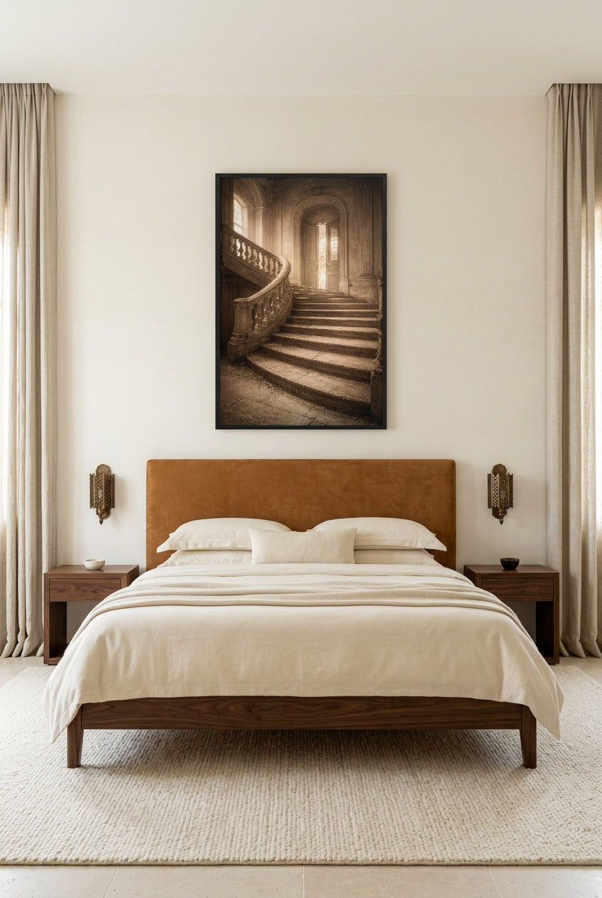 The Castle Staircase — poster in a black frame above a bed