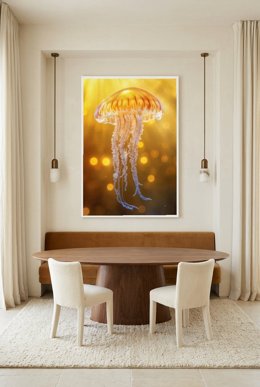 The Dawn — poster in a white frame in a dining room