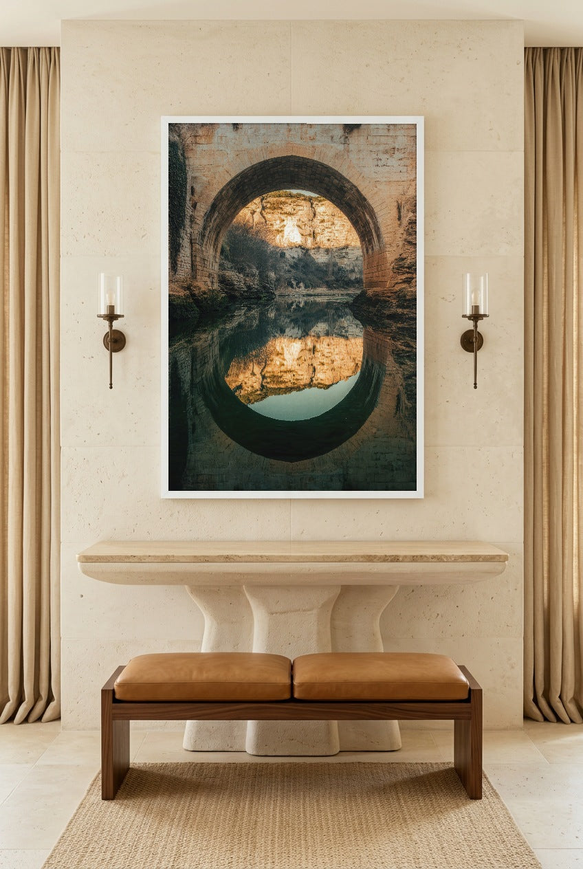 Le Miroir du Pont — poster in a white frame in an entryway