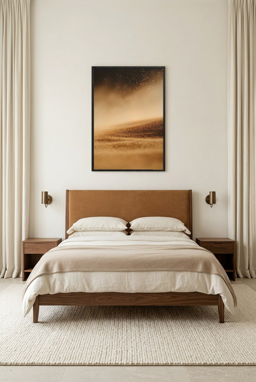 The Flight of the Sand — poster in a black frame above a bed