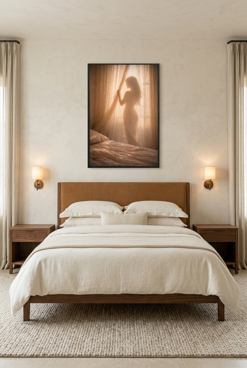Le Réveil Doré — Poster im schwarzen Rahmen im Schlafzimmer