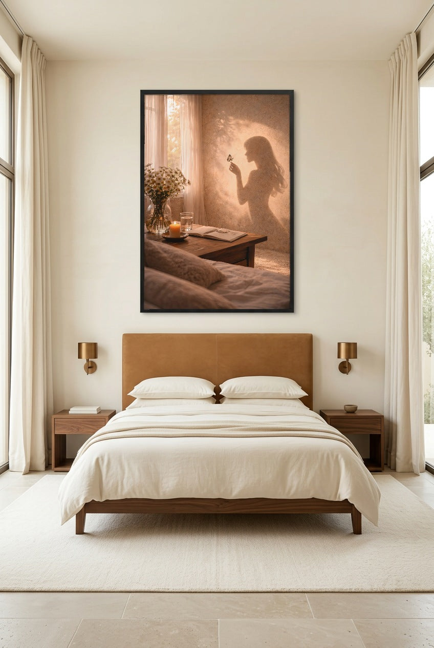 L'Istante Fragile — poster con cornice nera sopra un letto