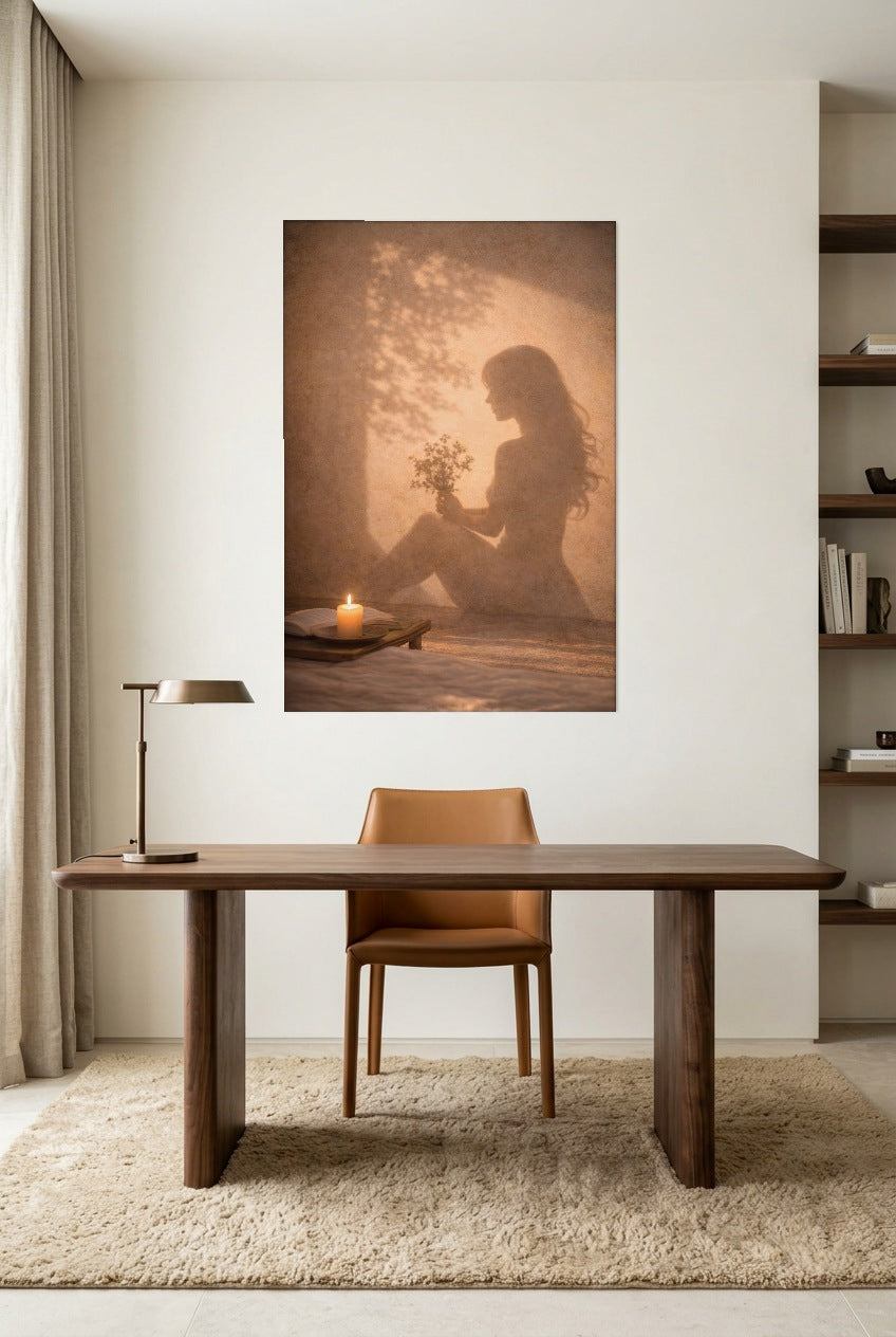 Het Stille Offer — poster zonder lijst boven een bureau