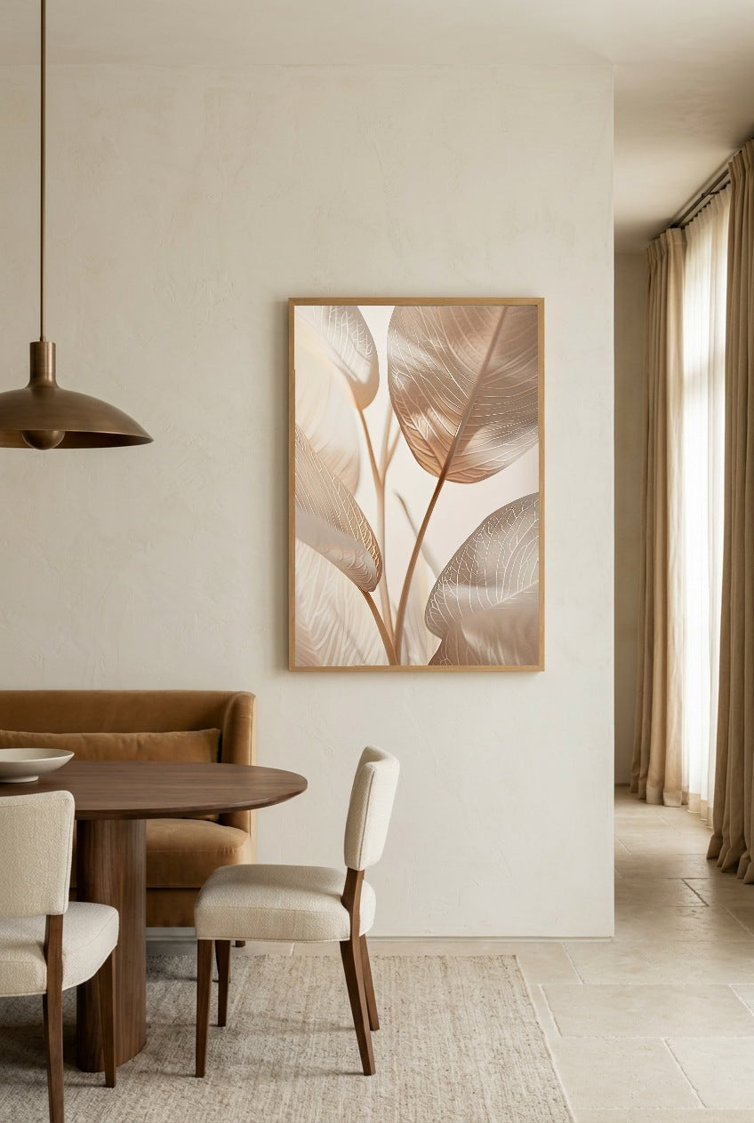 De Ivoorbladeren — poster in eikenhouten lijst in een eetkamer