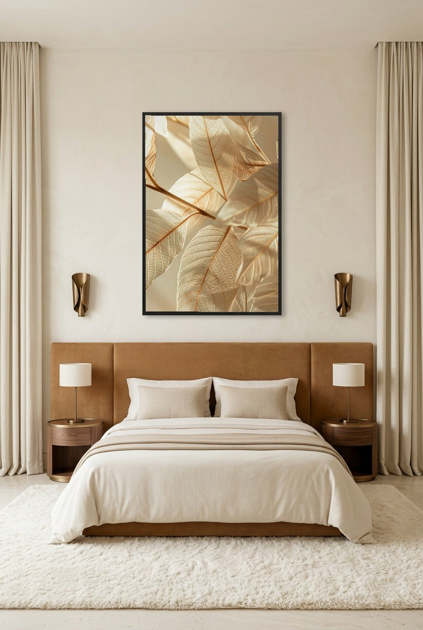 Het Goud van de Bladeren — poster in zwarte lijst in een slaapkamer