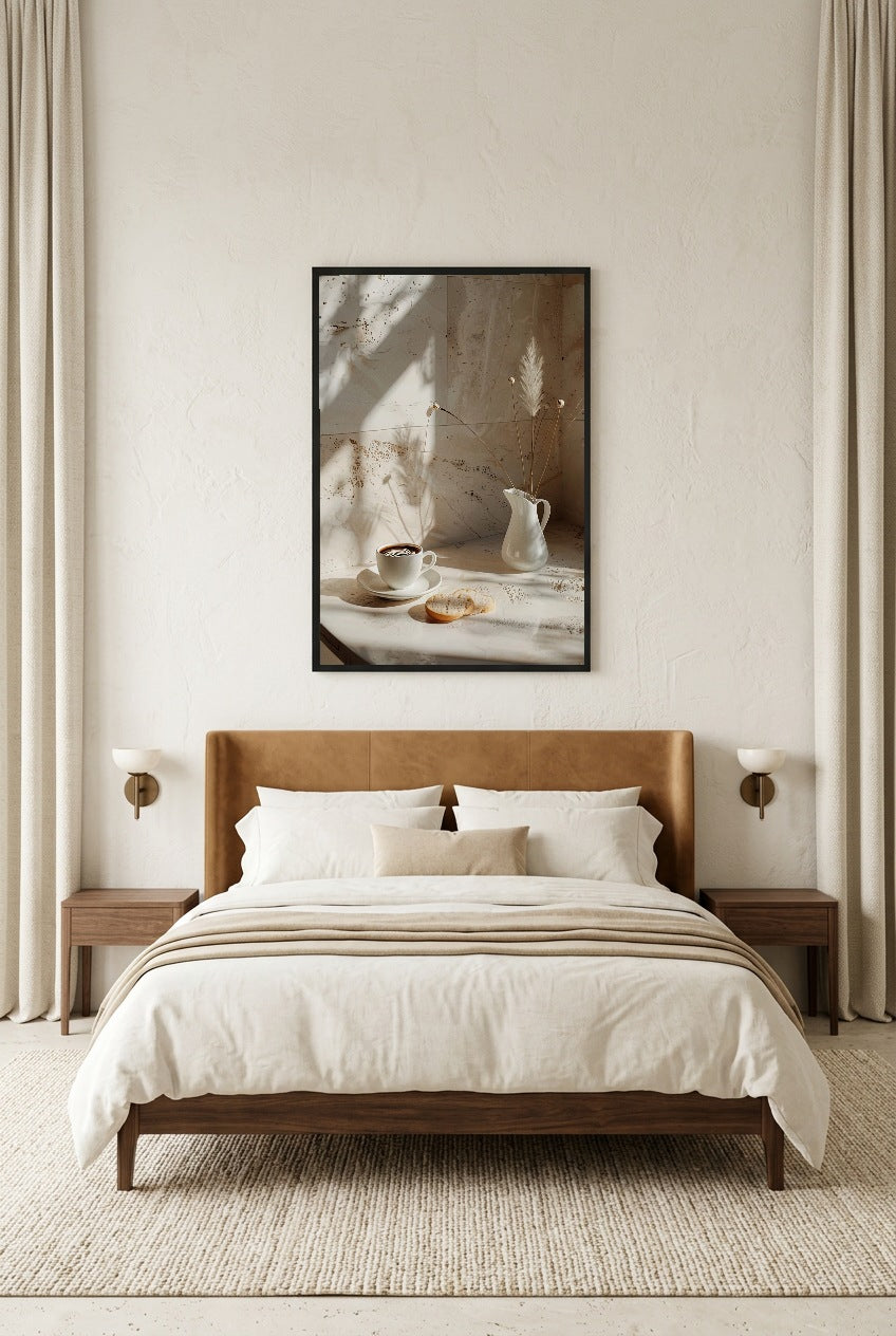 Le Matin Travertin — poster in a black frame in a bedroom