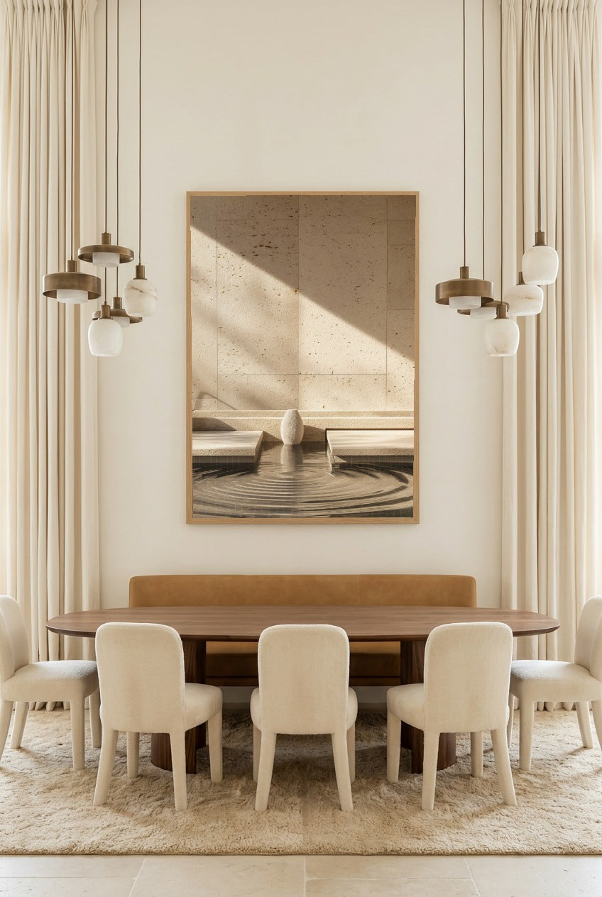 The Vase and the Ripples — poster in an oak frame in a dining room