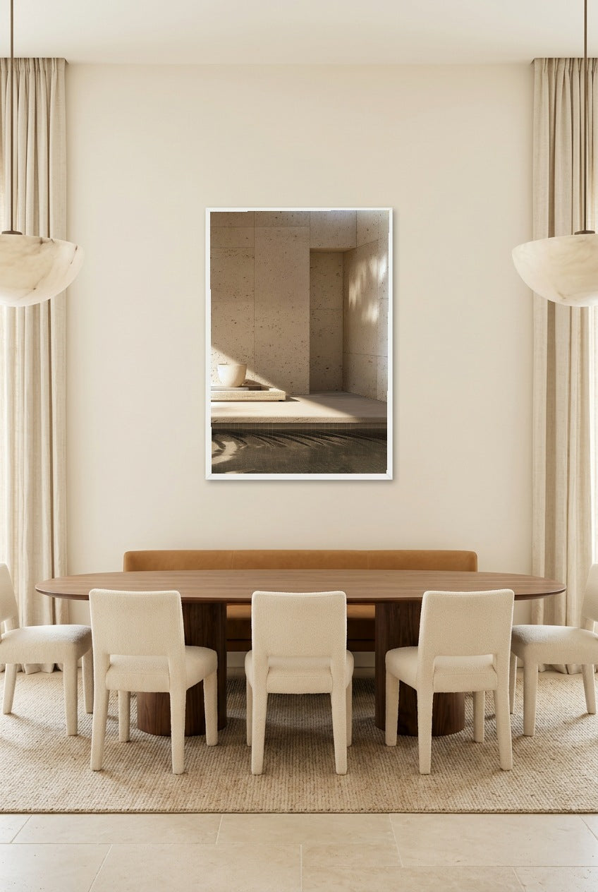 The Corner and the Bowl — poster in a white frame in a dining room