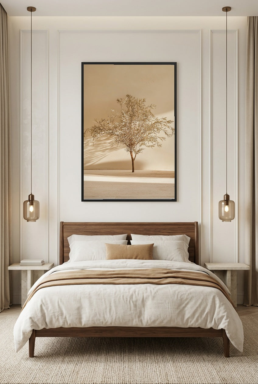 Der Goldene Olivenbaum — Poster im schwarzen Rahmen über einem Bett