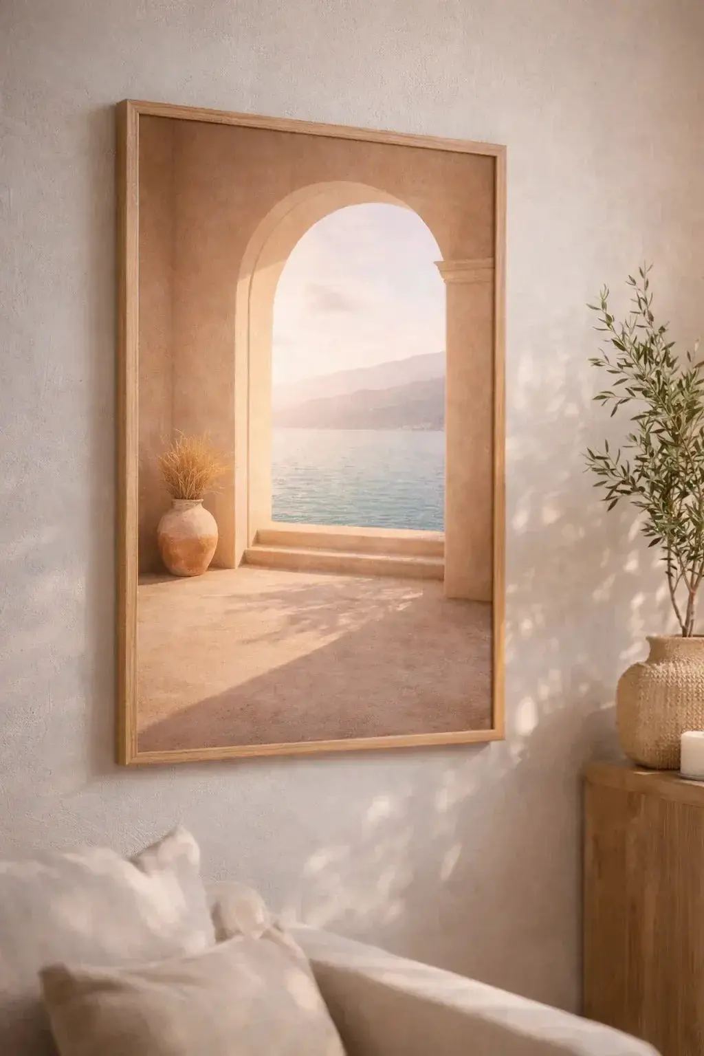 Arche M framed poster showing serene sea view through an arch, premium matte art paper with minimalist decor style