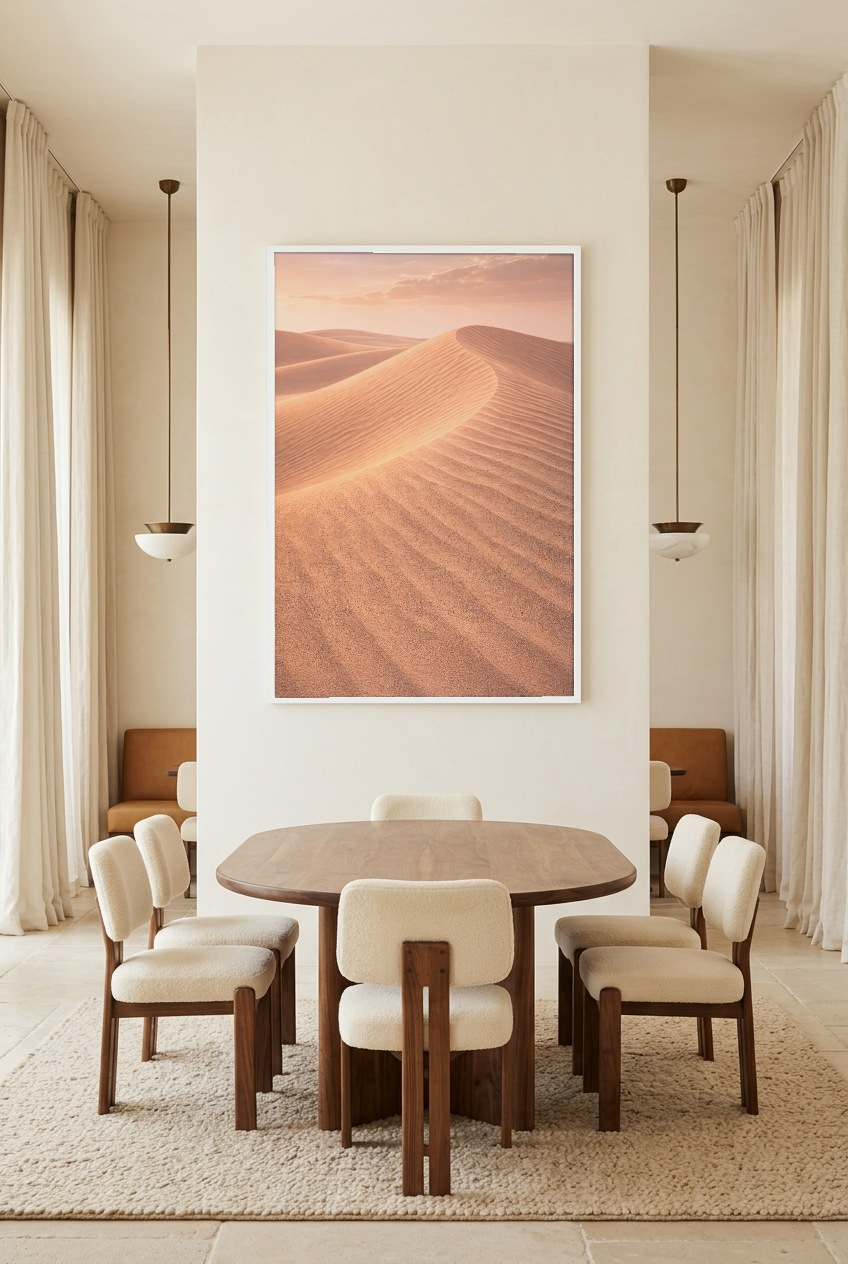 Silence des Dunes — poster in witte lijst in een eetkamer