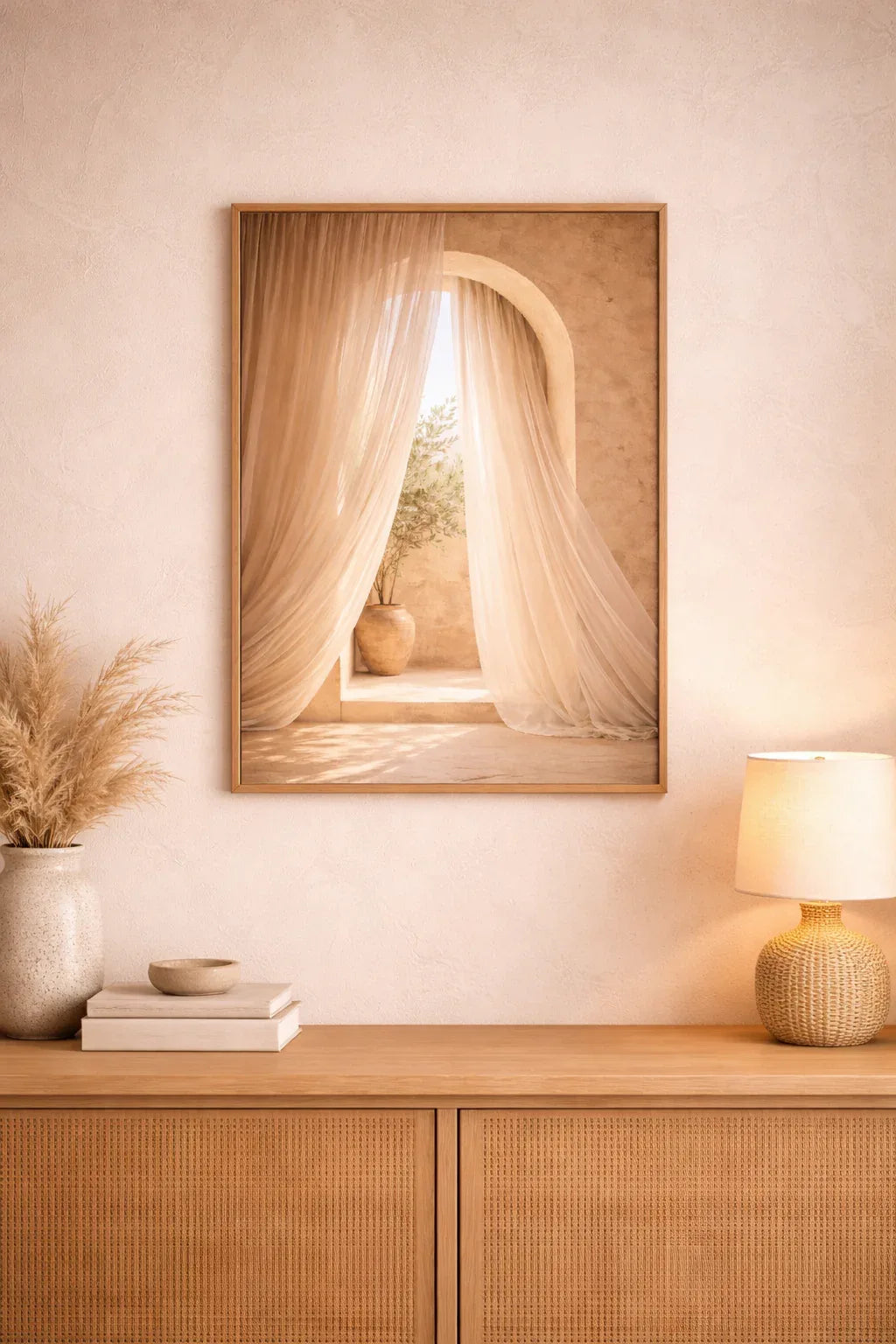 Lumière Voilée wall art with wooden frame, premium matte paper print, minimalist elegant home decor with soft flowing curtains.