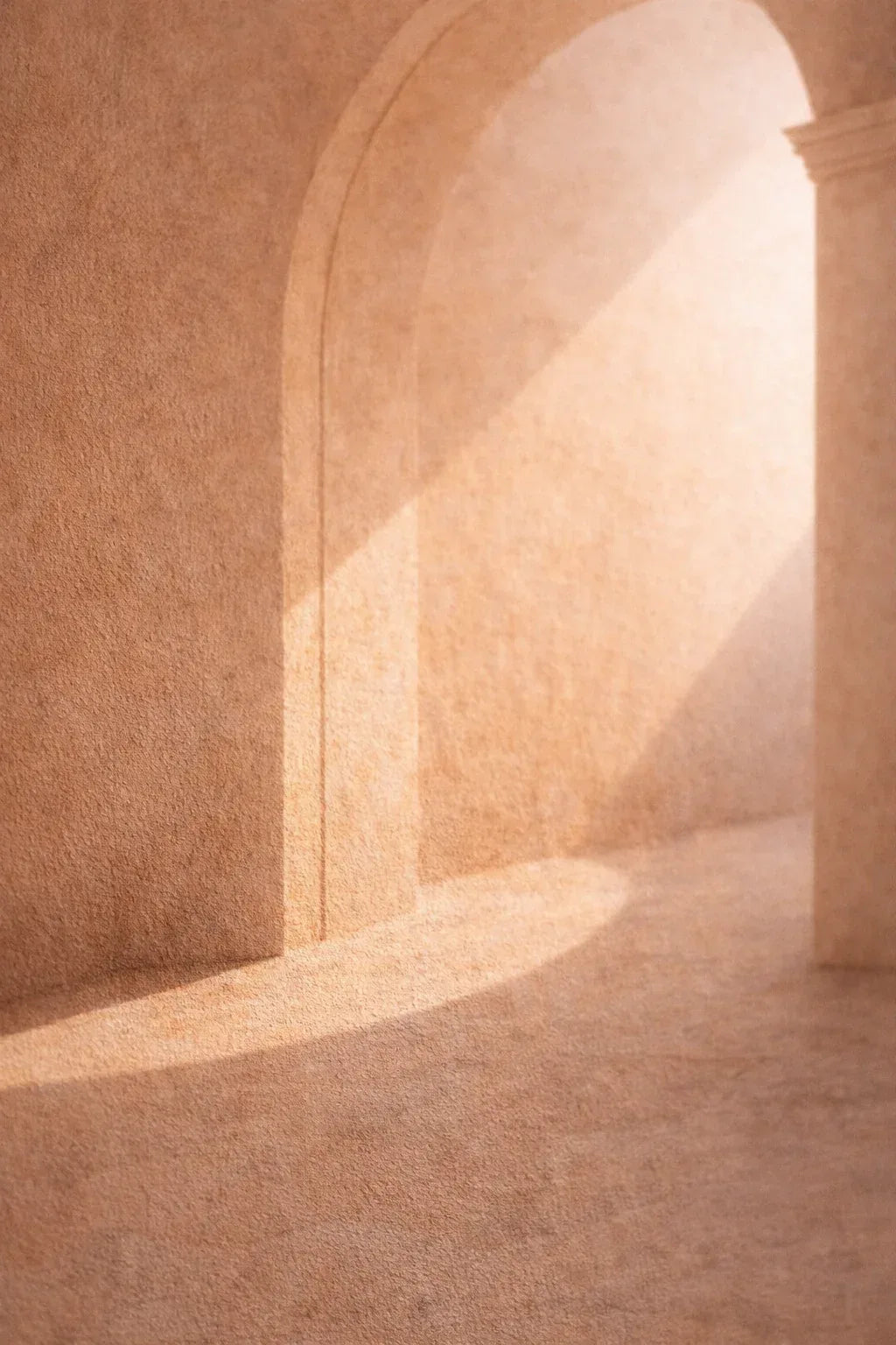 Arche de Lumière minimalist wall art with warm light beams on textured beige paper, framed in natural wood.