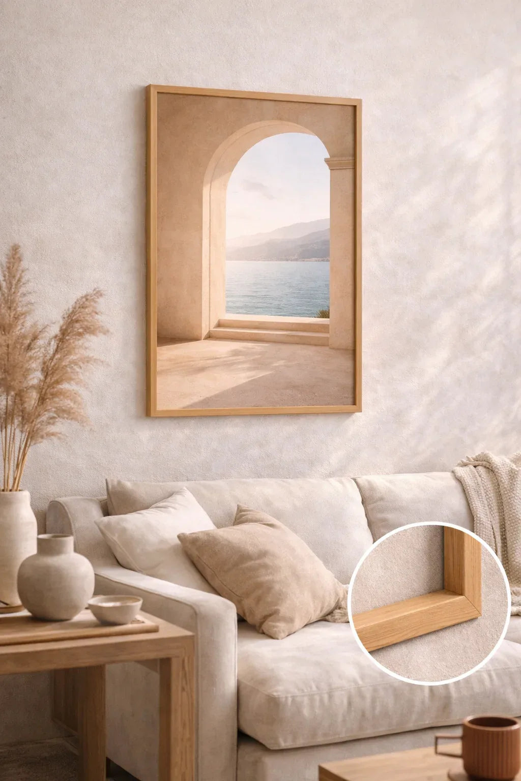 Ouverture sur l’Horizon framed in wood, premium matte art print, minimalist wall art enhancing elegant interior decor.