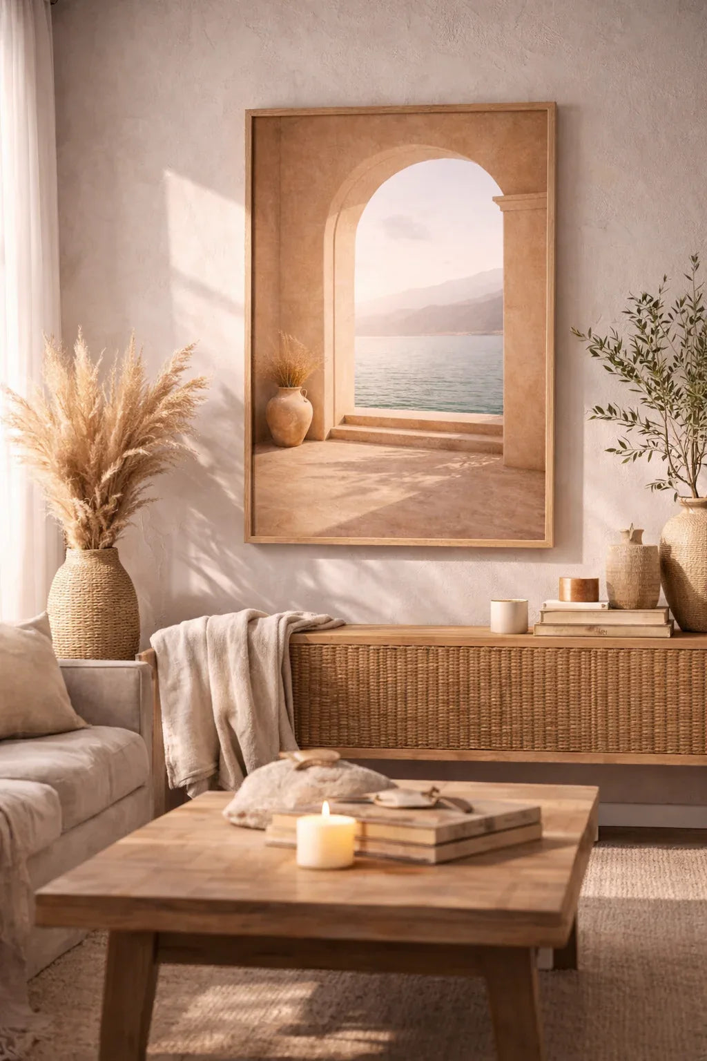 Arche M poster featuring minimalist arch and sea view in elegant living room with natural decor and soft lighting