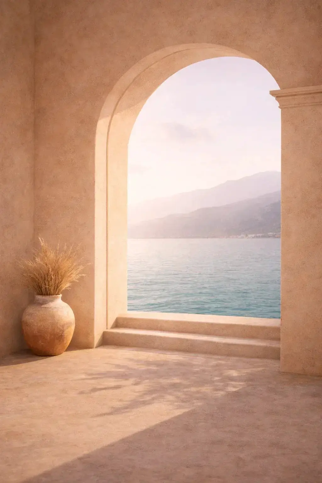 Arche M minimalist poster showing serene coastal view through an arched window with soft light and natural tones